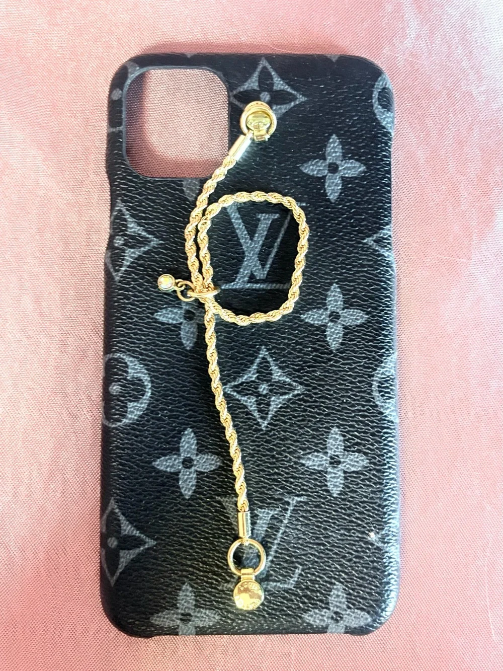 Designer Monogram Black/Grey Phone Case with Gold Charm — iPhone 11